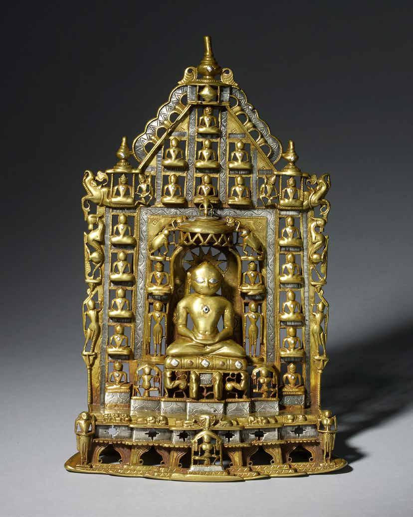 Shantinath shrine West India, AD 1554 (Samvat 1511) Brass, inlaid with silver Height: 28 cm (11 in) Width: 19 cm (7½ in) Provenance: private collection, UK Shantinath is the sixteenth Jina