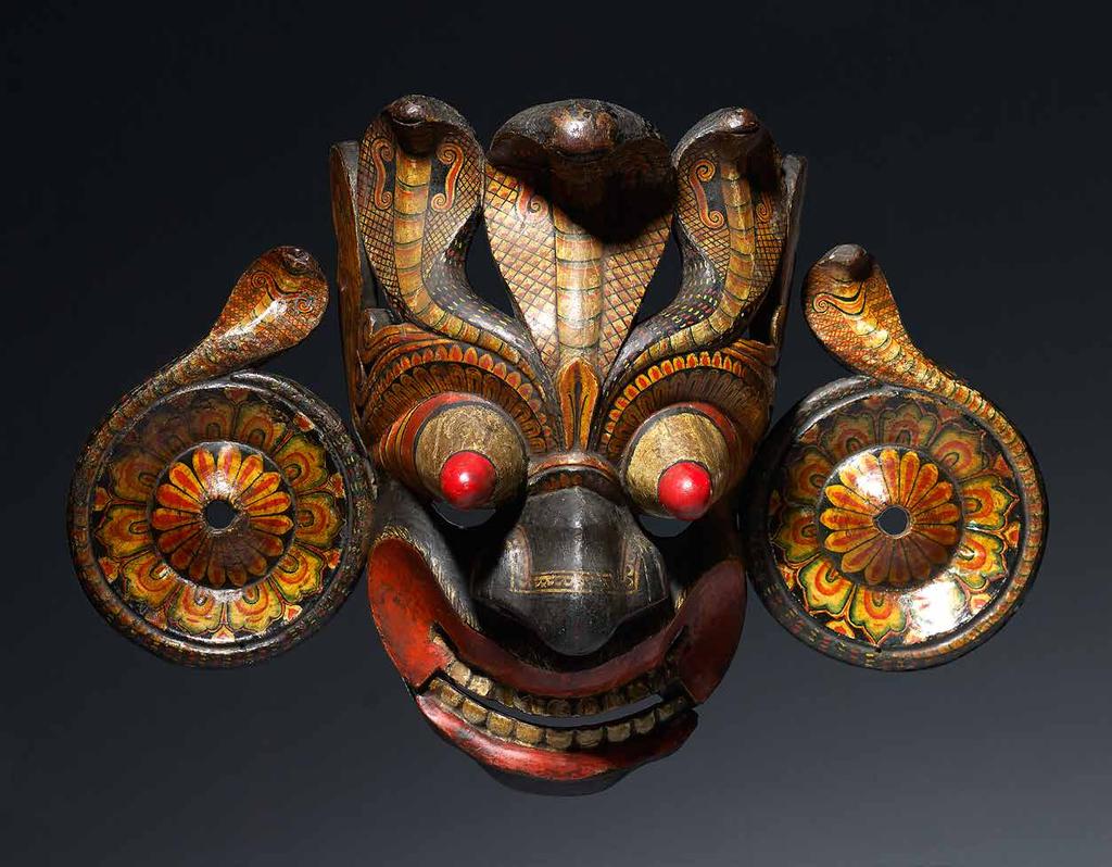 1. Naga Raksha (cobra demon) mask Sri Lanka, 19th century Height: 35 cm (13¾ in) Width: 49 cm (19¼ in) Raksha masks are apotropaic intended to ward off evil.