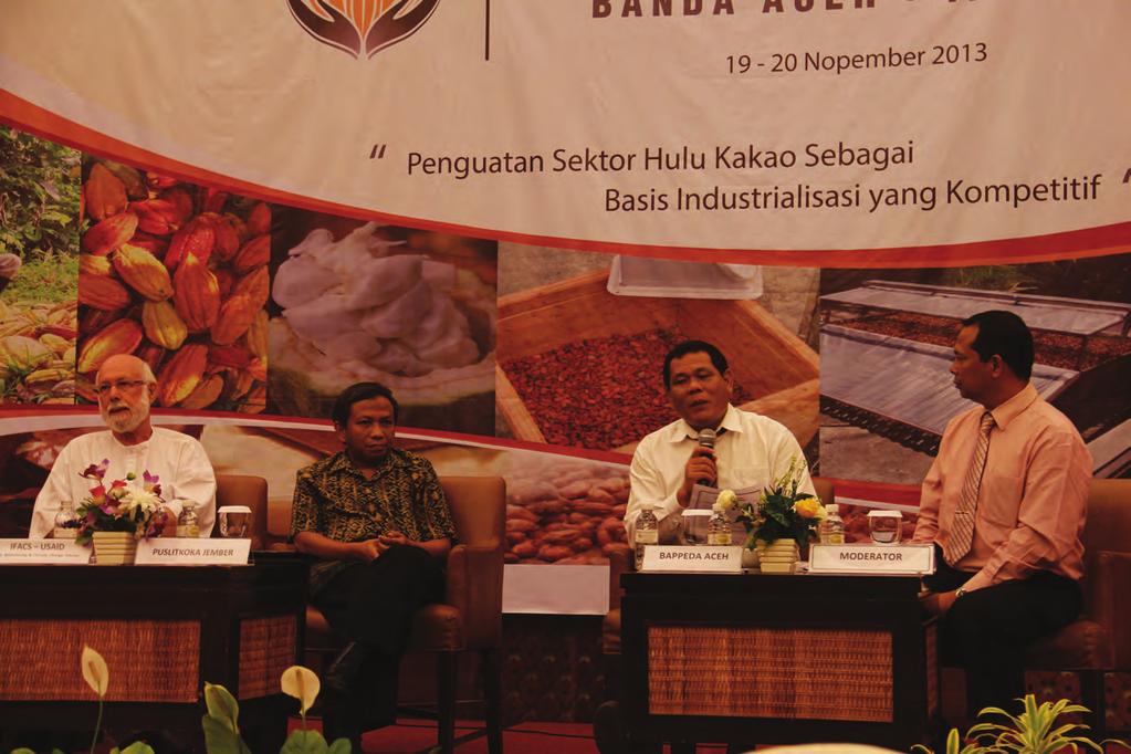 Clockwise: the session 2 panel discussion commenting on organizations' supports to Aceh cocoa, Darrel J Kitchener from USAID IFACS Session 2 after a short break, representing the BAPPEDA Aceh, one of