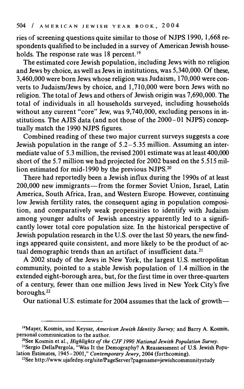 504 / A M E R I C A N J E W I S H Y E A R B O O K, 2 0 0 4 ries of screening questions quite similar to those of NJPS 1990, 1,668 respondents qualified to be included in a survey of American Jewish