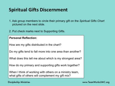 Ask members of the group to get out their results from the Spiritual Gift Assessment Tool found on page