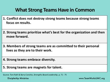 This slide talks about teamwork and the characteristics of great teams. Conflict is seen as an opportunity to innovative.