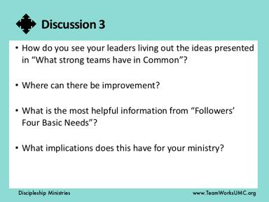 Break the participants in groups of three or four and have them talk about these questions. Give them 10 minutes.