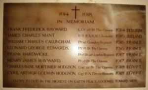 The Roll of Honour for Blackheath is on the north wall with a wooden enclosure outside the church which contains some additional information: Roll of Honour 1914 1918 In Memoriam Additional text