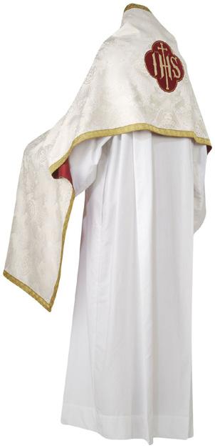 " Chasuble (CHAZ-uh-ble) The sleeveless outer garment, slipped over the head, hanging