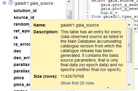 Table inspection: show data Name Table description pop-up Columns Alcione