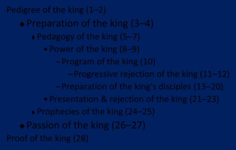 Matthew Outline Pedigree of the king (1 2) Preparation of the king (3 4) Pedagogy of the king (5 7) Power of the king (8 9) Program of the king (10) Progressive rejection of the king (11 12)