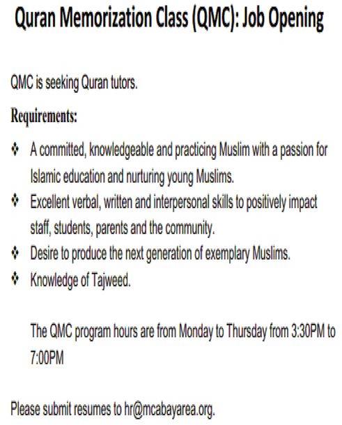 ***** Next session starting Aug 4th QMC office is open during Ramadan after Isha prayer.