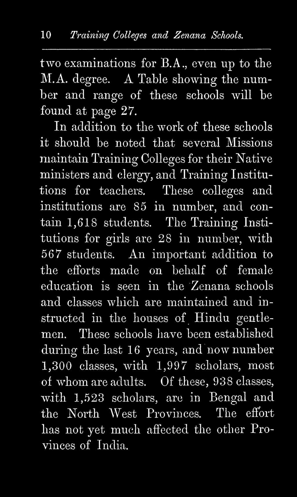 These colleges and institutions are 85 in number, and contain 1,618 students. The Training Institutions for girls are 28 in number, with ^Q7 students.