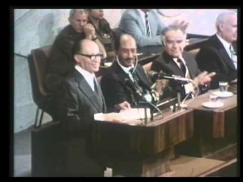 191-6. Print. (L-R) Prime Minister Begin, President Sadat, Knesset Speaker Yitzhak Shamir, and Israeli President Ephraim Katzir pictured during Begin s Address. Photo: Public Domain.