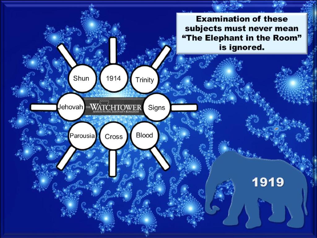 THE SECOND ELEPHANT IN THE ROOM Although the GB regularly places the focus on the year 1914 CE as significant to its scheme of last-day events, the critical date for the Watchtower s existence is the