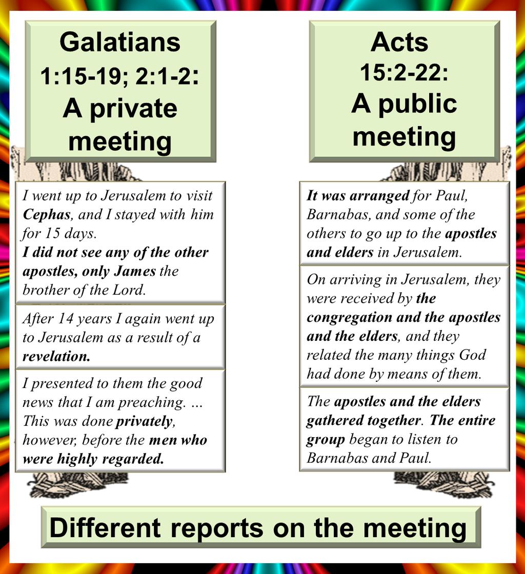 The two reports are inconsistent These reports of meetings in Jerusalem could not be more different from one another.