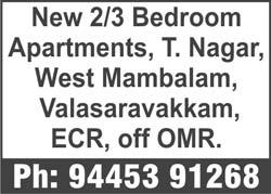 Ph: 78456 19422, 78717 13087, 78456 18869. WEST MAMBALAM, Lake View Road, 2 bedroom, hall, kitchen, 821 sq.ft, ground floor, rent Rs. 15000, brokers excuse, vegetarians only. Ph: 94441 70019.