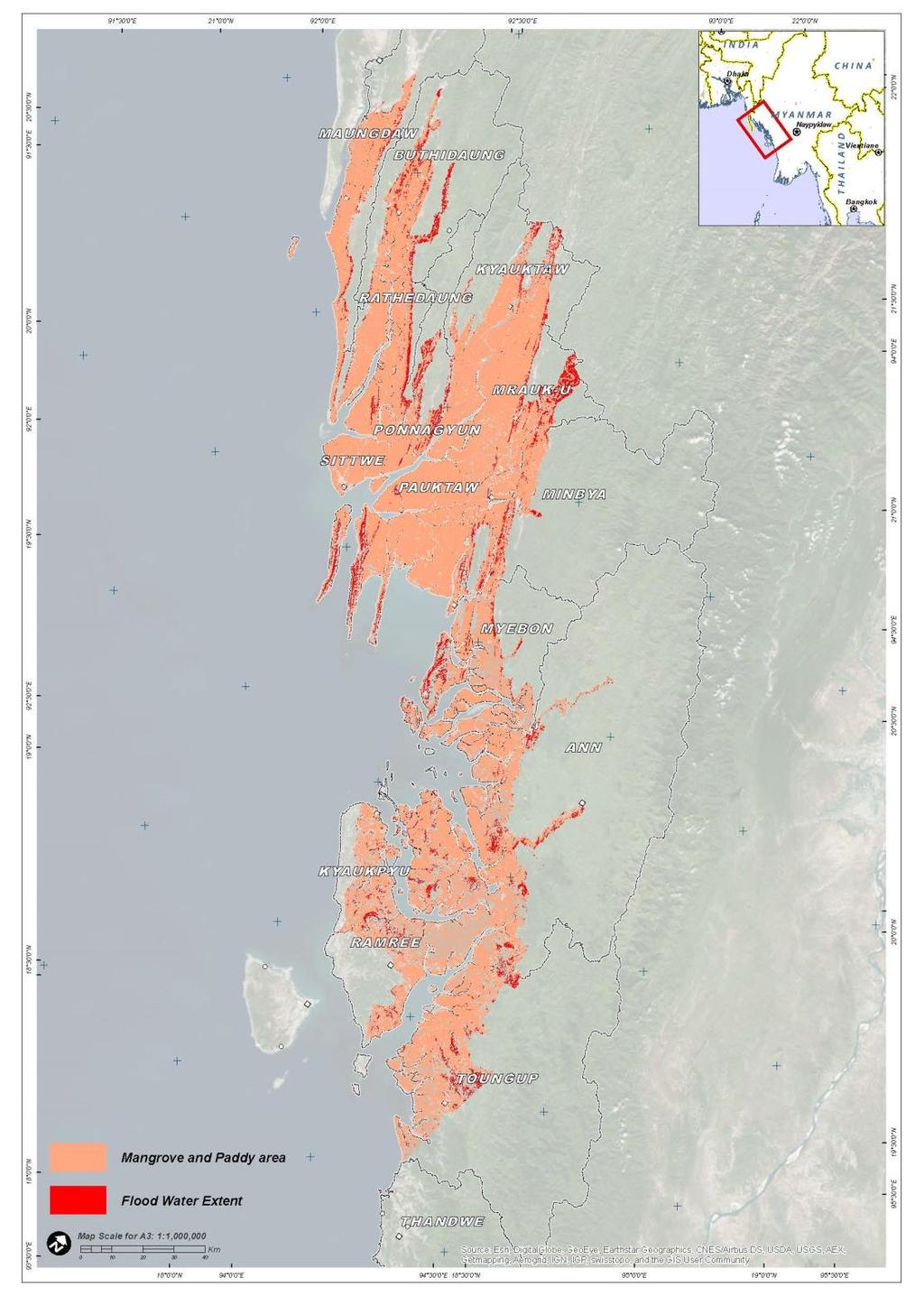 The map below illustrates satellite detected water extent by landcover type derived from the landcover map data and analysis of Rakhine State, Myanmar produced by UNITAR UNOSAT in 2015 (http://www.