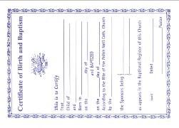 for: Birth and Baptism Marriage Blue text on white paper, 7 X 10