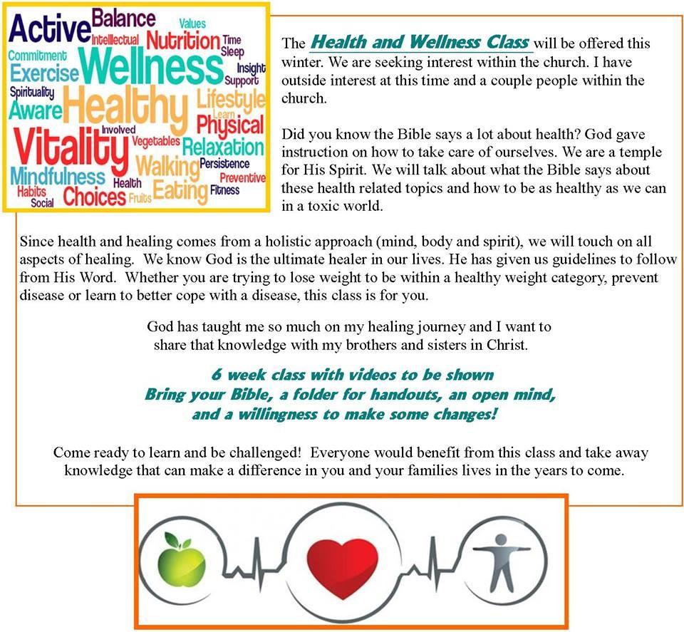 Are you interested? This HEALTH AND WELLNESS class will be held after the new year by Shawna Williams.