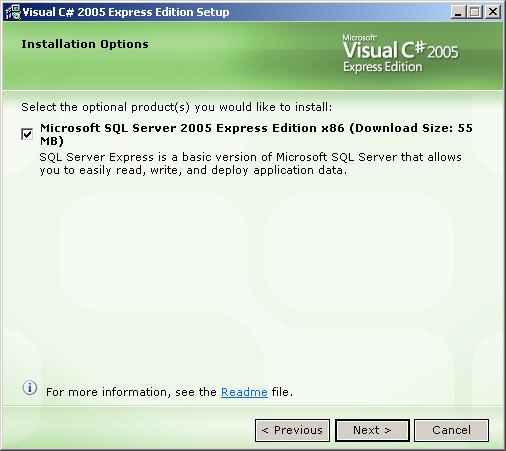5 החלון הבא שנפתח, חלון ה- Options" "Installation מאפשר להוסיף להתקנה מסד נתונים הנקרא, SQL Server 2005 Express Edition מסד נתונים זה נדרש רק לתלמידי מגמת, Web Services מומלץ לתלמידי Web Services