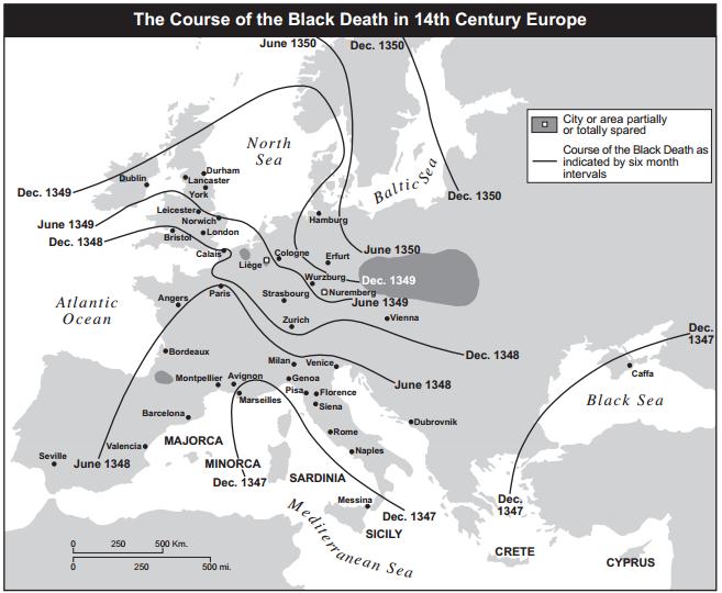 5. According to the map to the left, in what year and month did the first incidence of the Black Death occur? 6. How long did it take for the Black Plague to reach London after it first hit Europe?