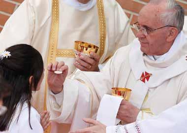 The Church teaches that through consecration by a priest the sacrificial bread and wine become the Body and Blood of Christ.