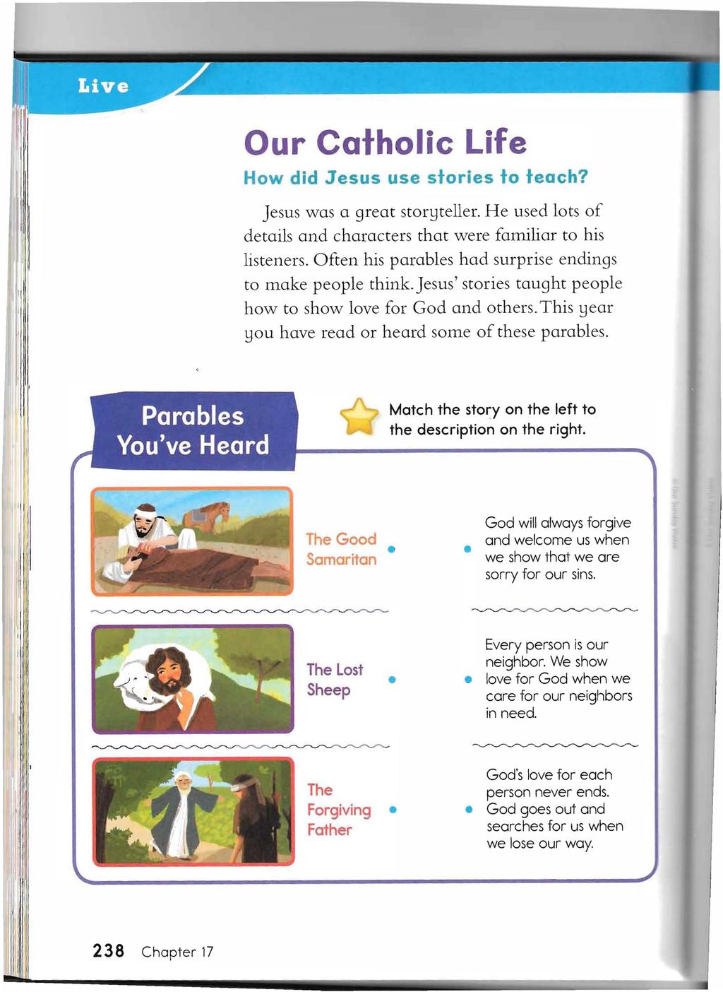 Our Catholic Life How did 3 esus use stories to teach? Jesus was a great stor~teller. He used lots of details and characters that were familiar to his listeners.