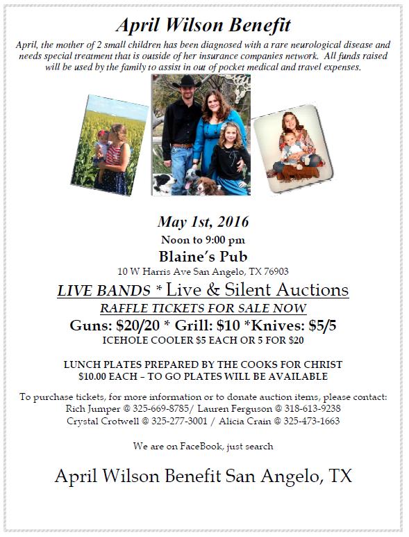 To purchase tickets, for more information or to donate auction items, please contact: Rich Jumper @ 325-669-8785 / Lauren Ferguson @ 318-613-9238 Crystal Crotwell @ 325-277-3001 / Alicia Crain @