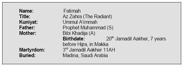 CLASS 8 - LESSON 17 LADY FATIMA (A) - PART 1 Lady Fatimah (A) was the only daughter of Prophet Muhammad (S) and Lady Khadijah (A).