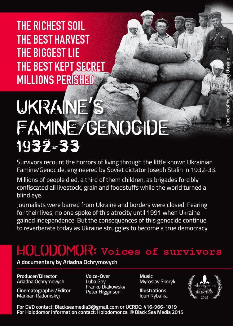 As we commemorate the 85 th anniversary of the Holodomor, we are extremely proud that a documentary film Holodomor: Voices of Survivors has been selected for the Chagrin Film Festival.