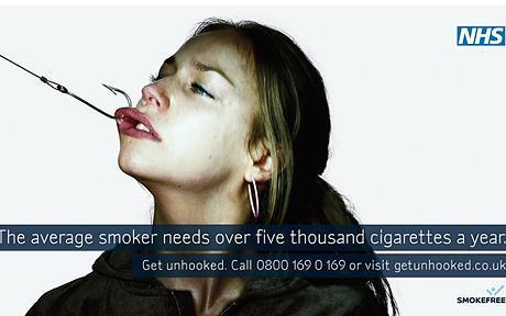 Ad #4: Girl being hooked by fishing hook. Statistic about smoking.