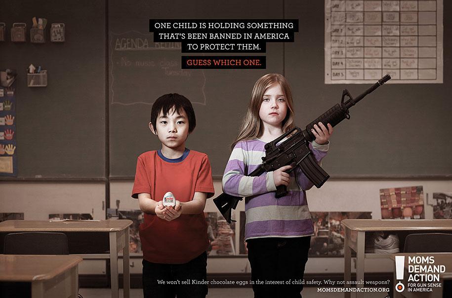 Ad #6: the Two children; 1 with Fears & insecurities Loaded language automatic gun, 1 with candy.