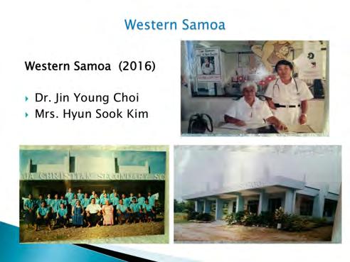 The church founded a Methodist Church and Christian Schools and Kindergarten in Senegal. Mrs. Yang Jin Kim attended two world conventions of the WWCTU, one in the U.S.A.