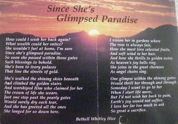 This poem was submitted by Dora Diamond Manuel Fudge in honor of her Mother, Gertrude Diamond.