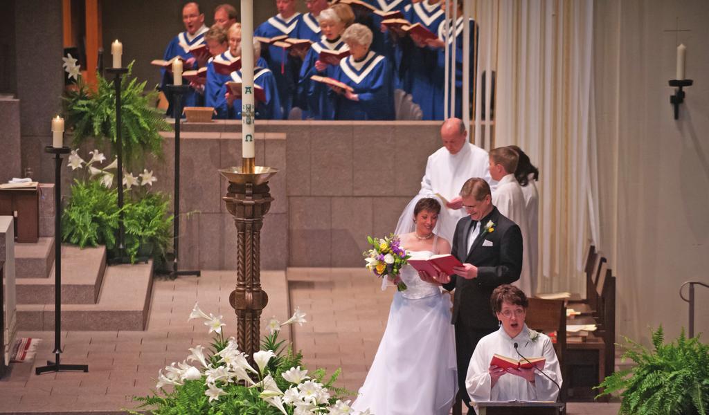 Cantors, song leaders, and choirs encourage the congregation to lift their voices in song during the wedding liturgy.
