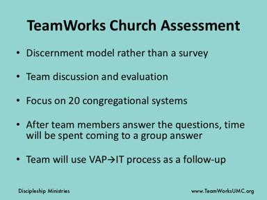 This is an overview of the TeamWorks Church Assessment.
