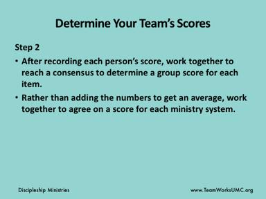 Ask the teams to fill out the Group Form, going around the table and filling in the scores for each area as shown in the example on the next slide.