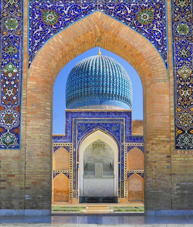 Blue ornate arch portal of ancient Bibi-Khanym Mosque in Samarqand,