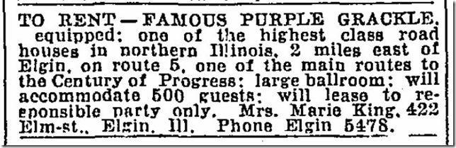 The Purple Grackle was one of biggest and best known night clubs located in rural Chicago and has been described as a notorious haven