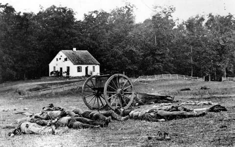 Lee, Robert E. Bodies of fallen troops lie on the field after the Battle of Antietam, the bloodiest one-day battle of the American Civil War.