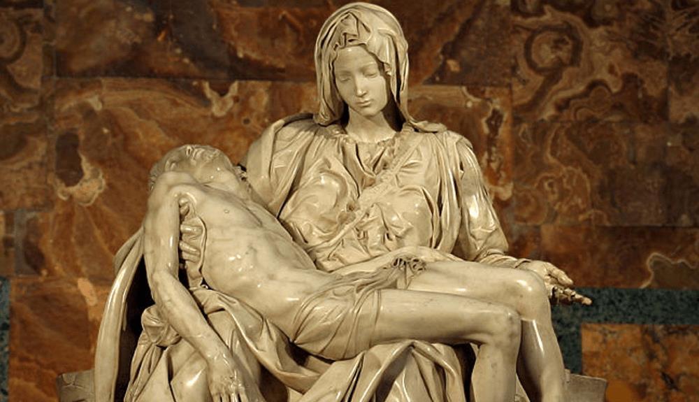 Mary is shown supporting the body of a fully-grown man on her lap. In reality, that is difficult for the average woman to do. In the Pietà, Mary s figure is larger than that of Jesus.