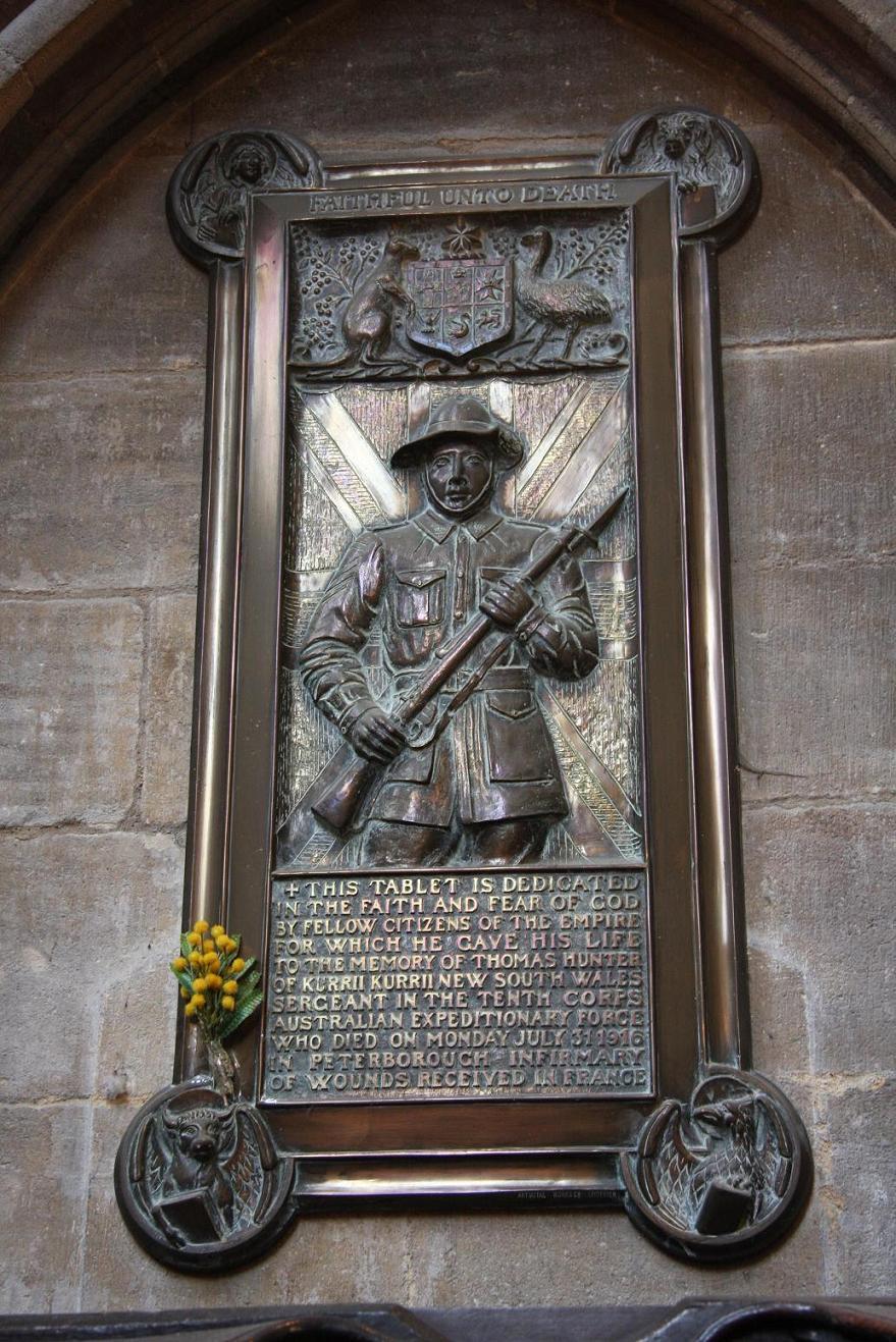 Bronze Tablet in Memory of Sergeant Thomas Hunter inside Peterborough Cathedral (St. Sprite s Chapel).