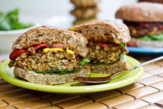 Perfect Veggie Burger Ingredients: 1/2 cup onion, diced 1 large garlic clove, minced 1 cup oats, processed into flour 1 1/2 cups bread crumbs 1 cup grated carrots 1/3 cup almonds, chopped 1/2 cup