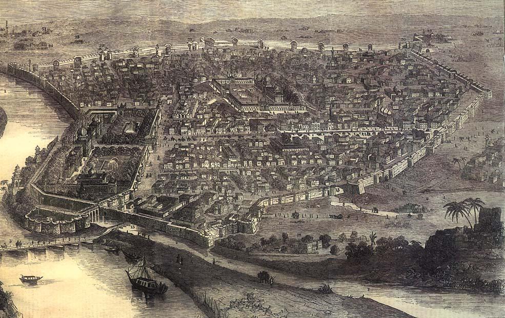 Fig. 3 Image of Shahjahanabad in the mid-nineteenth century, The Illustrated London News,16 January 1858 You can see the Red Fort on the left. Notice the walls that surround the city.