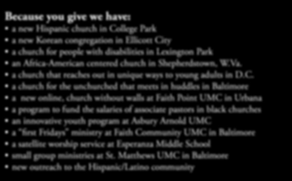a church for the unchurched that meets in huddles in Baltimore a new online, church without walls at Faith Point UMC in Urbana a program to fund the salaries of associate pastors in black churches an