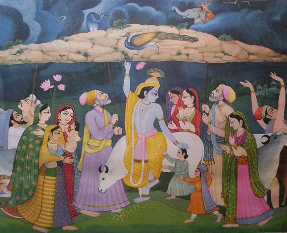 All glories to Sri Guru and Sri Gauranga Sri Krishna lifts up the Govardhana Hill When Lord Indra, the Lord of thunder and lightning, became aware of the fact that the inhabitants of Vrindavana were
