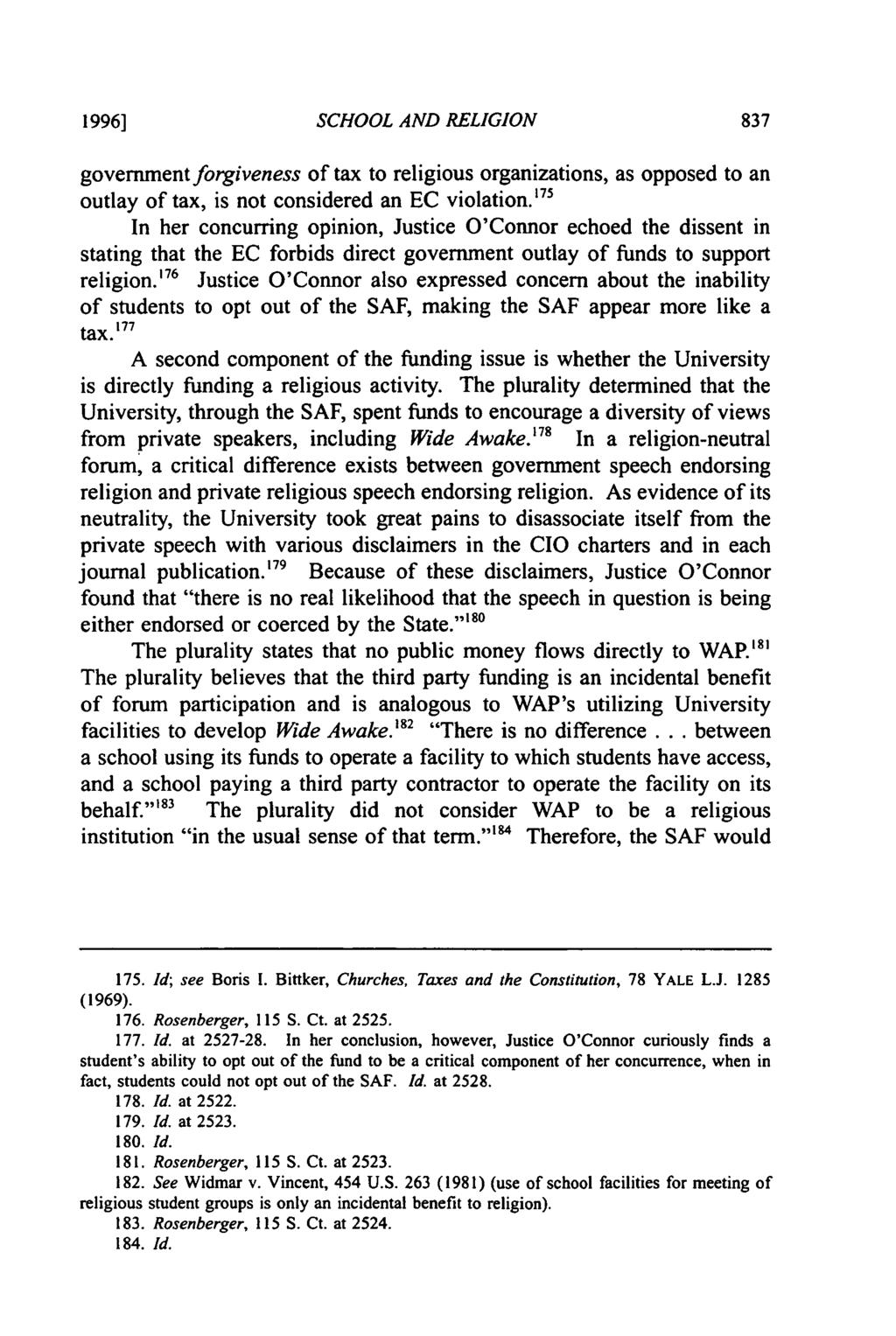 1996] SCHOOL AND RELIGION government forgiveness of tax to religious organizations, as opposed to an outlay of tax, is not considered an EC violation.