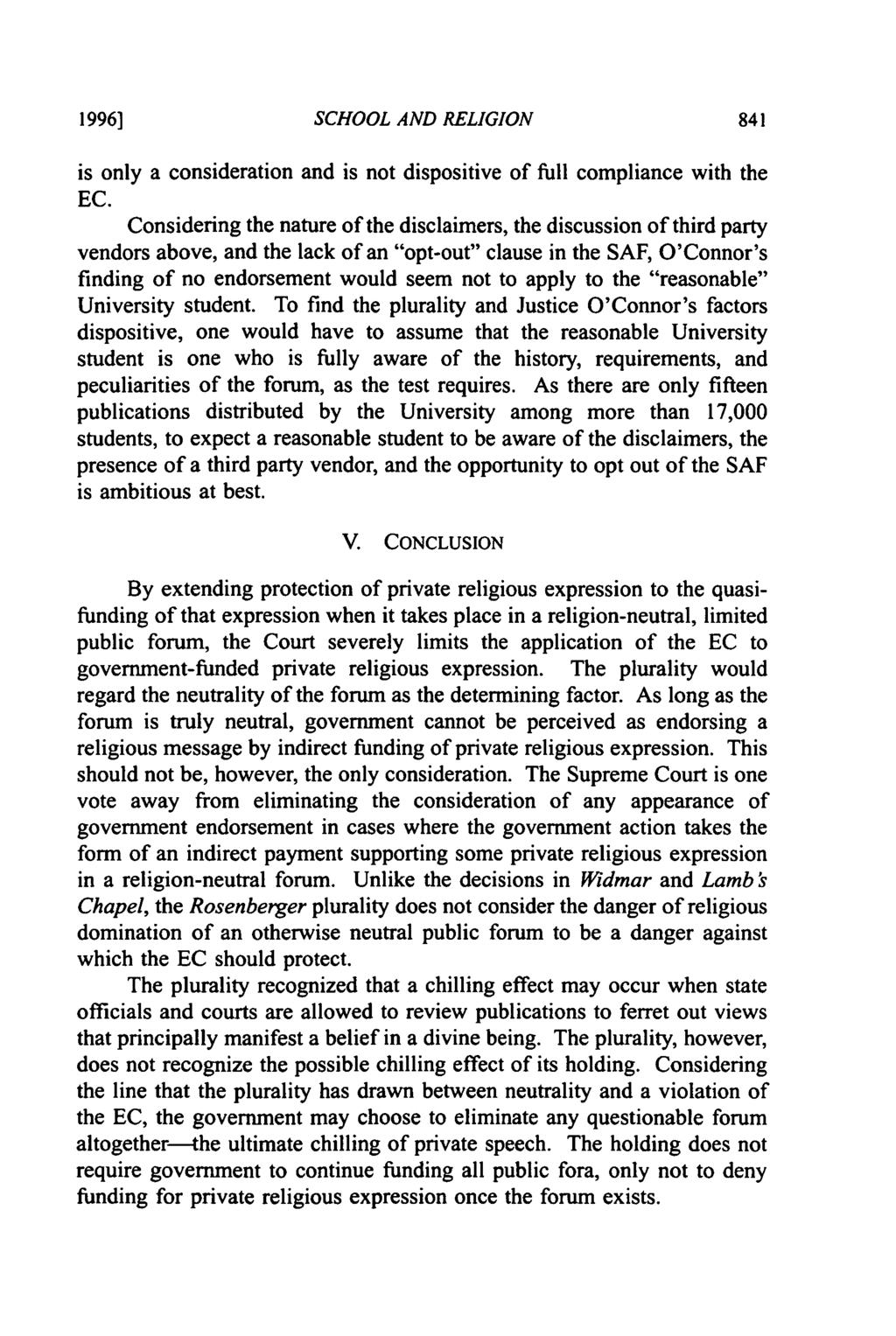 19961 SCHOOL AND RELIGION is only a consideration and is not dispositive of full compliance with the EC.