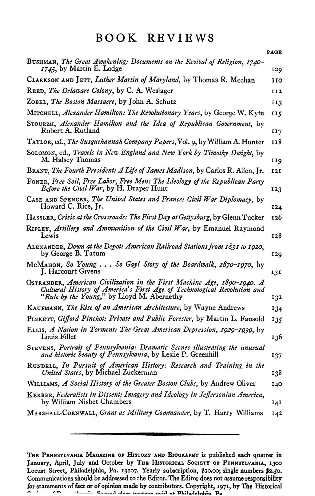 BOOK REVIEWS PAGE BUSHMAN, The Great Awakening: Documents on the Revival of Religion, 1740- I745, by Martin E. Lodge 109 CLARKSON AND JETT, Luther Martin of Maryland, by Thomas R.