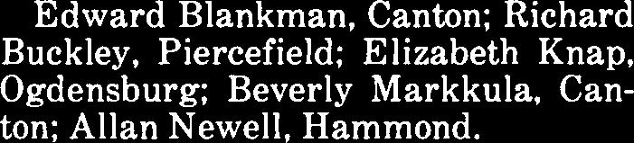 Canton; Richard Buckley. Piercefield; Elizabeth Knap. Ogdensburg; Beverly Markkula. Canton; Allan Newell. Hammond. Term Expires 1983: Elizabeth Worsh. Canton; Paula Faust.