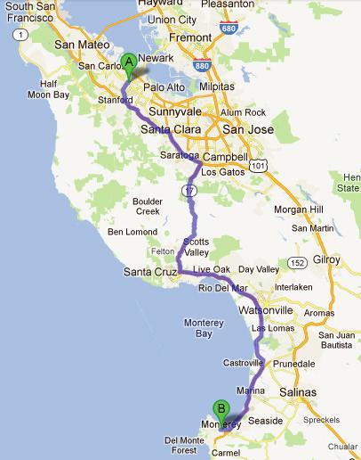 Now you need to WALK from Menlo Park to Monterey, a distance of about 85 miles. It will take you several days to do this, and you will arrive very tired and very sore.