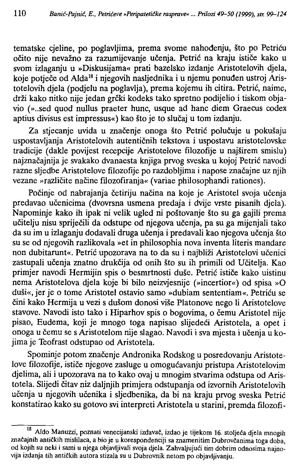 110 Banić-Pajnić, E., Petrićeve»Peripatetičke rasprave«... Prilozi 49-50 (l999), str.