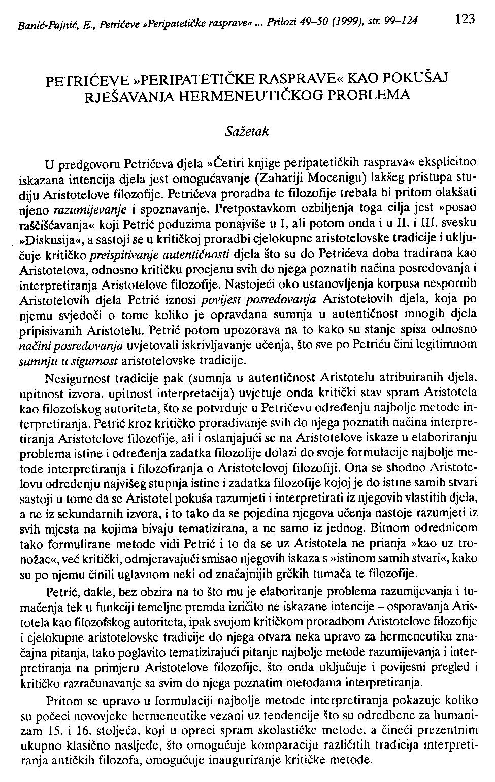 Banić-Pajnić, E., Petrićeve»Peripatetičke rasprave«... Prilozi 49-50 (1999), str.